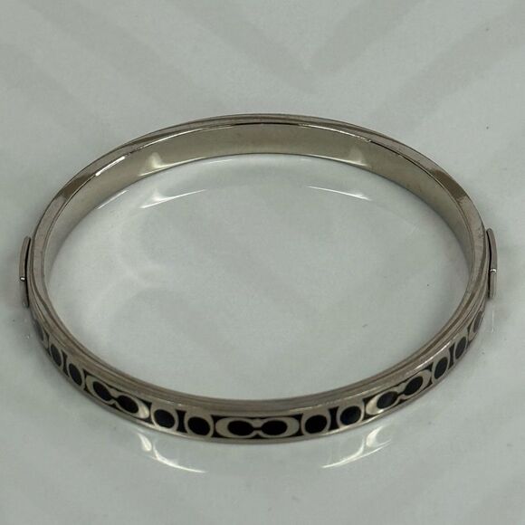 Coach Thin Silver and Black Logo Bangle Bracelet - Picture 2 of 3